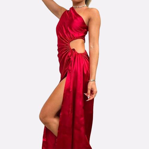 Custom Solid Color Halter Sleeveless Hollow Waist Design Elegant Evening Dress Slit Slim Dresses