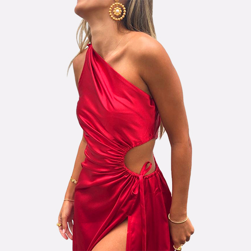 Custom Solid Color Halter Sleeveless Hollow Waist Design Elegant Evening Dress Slit Slim Dresses