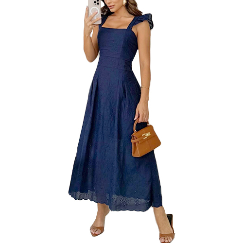 Solid Color Hollow Out Embroidery Dress Square Neck Dresses Clothing