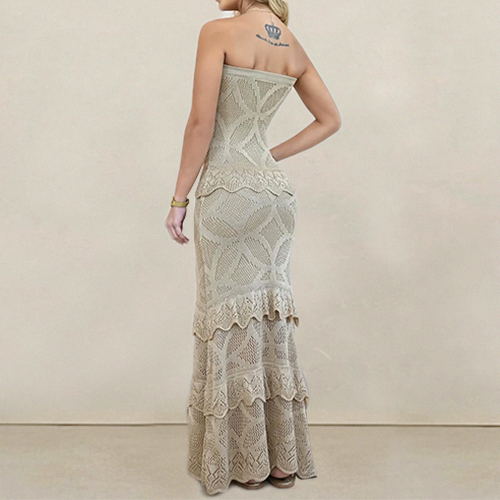 Custom Spring and Summer New Shoulderless Crocheted Hollowwork Ruffled Lace Long Temperament Dress