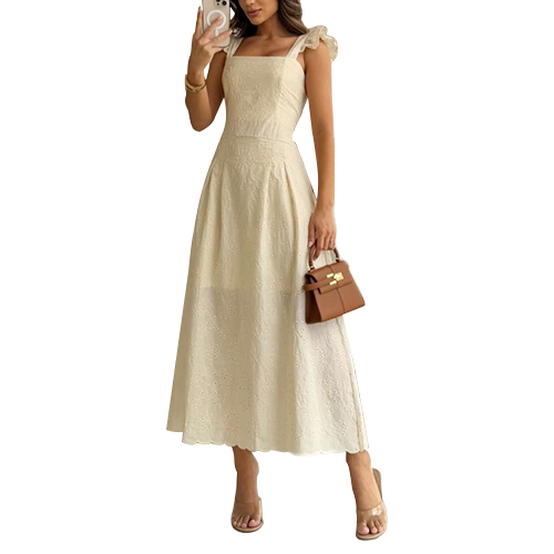 Solid Color Hollow Out Embroidery Dress Square Neck Dresses Clothing