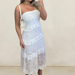 Custom Spring and Summer New Shoulderless Crocheted Hollowwork Ruffled Lace Long Temperament Dress