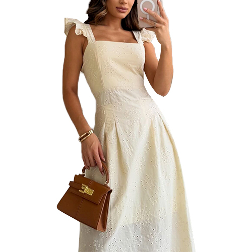 Solid Color Hollow Out Embroidery Dress Square Neck Dresses Clothing