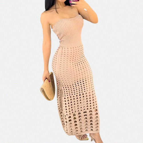 Summer New Tube Top Strapless Knit Dress Seaside Sexy Solid Color Slim Dress Hollow Women Holiday Beach Dress