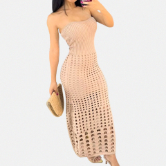 Summer New Tube Top Strapless Knit Dress Seaside Sexy Solid Color Slim Dress Hollow Women Holiday Beach Dress