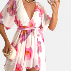 Custom European and American Women's Summer New Floral Print Puff Short Sleeve Dress