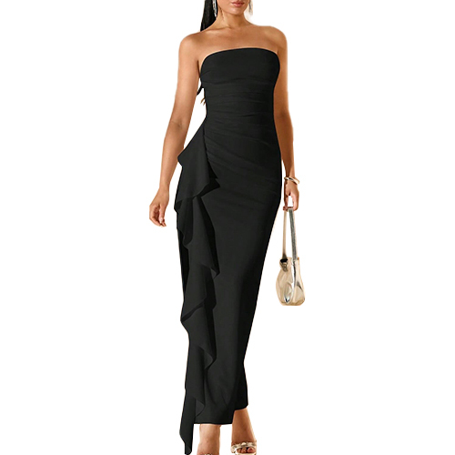 Europe and America Hot Selling Fashion Sexy Solid Color Lotus Leaf Edge Women's Party Evening Dress