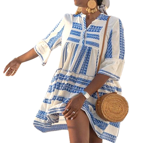 Bohemian Geometric Summer Print V Neck Long Sleeve Women Beach Holiday Maxi Dress