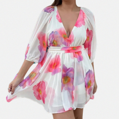 Custom European and American Women's Summer New Floral Print Puff Short Sleeve Dress