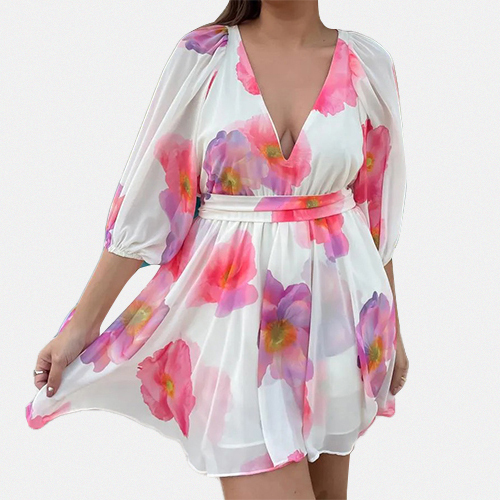 Custom European and American Women's Summer New Floral Print Puff Short Sleeve Dress