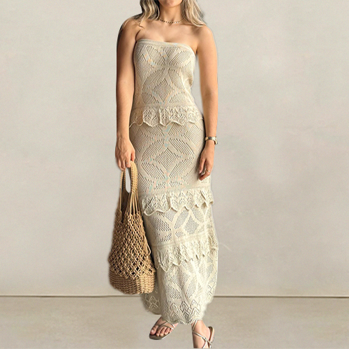 Custom Spring and Summer New Shoulderless Crocheted Hollowwork Ruffled Lace Long Temperament Dress