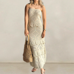 Custom Spring and Summer New Shoulderless Crocheted Hollowwork Ruffled Lace Long Temperament Dress