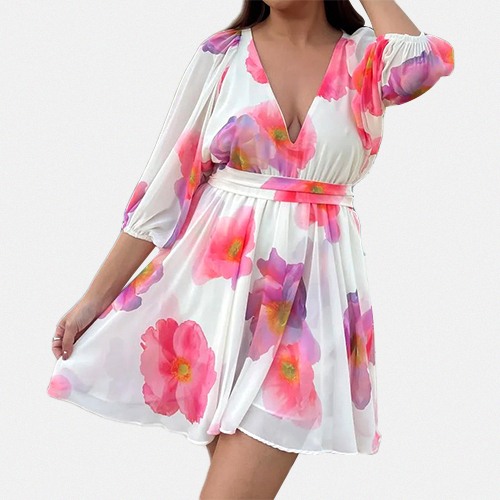 Custom European and American Women's Summer New Floral Print Puff Short Sleeve Dress