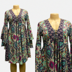 V Neck Floral Print Long Sleeve Multi Color Casual Fashion Mini Dress for Women