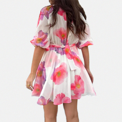 Custom European and American Women's Summer New Floral Print Puff Short Sleeve Dress