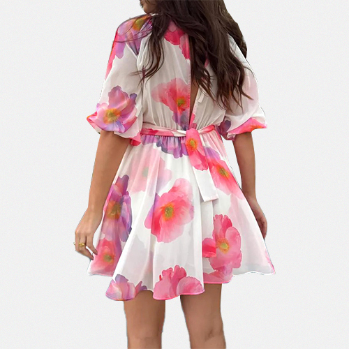 Custom European and American Women's Summer New Floral Print Puff Short Sleeve Dress