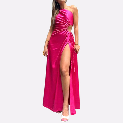 Custom Solid Color Halter Sleeveless Hollow Waist Design Elegant Evening Dress Slit Slim Dresses