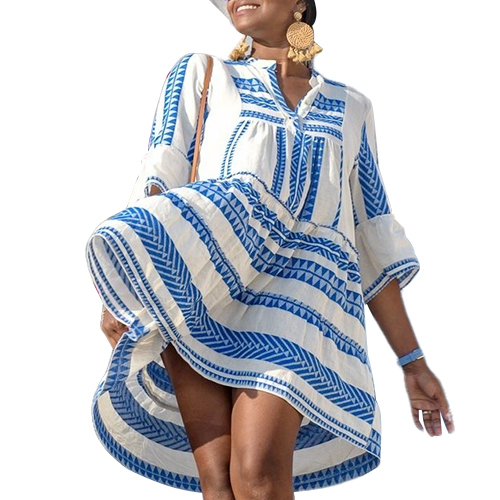 Bohemian Geometric Summer Print V Neck Long Sleeve Women Beach Holiday Maxi Dress