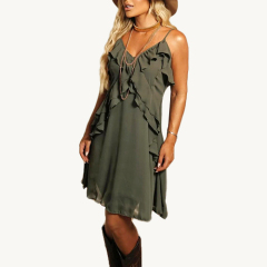 Newly Designed Women's Clothing Casual Strap Deep V-neck Sleeveless Ruffled Women's Chiffon Mini Dress