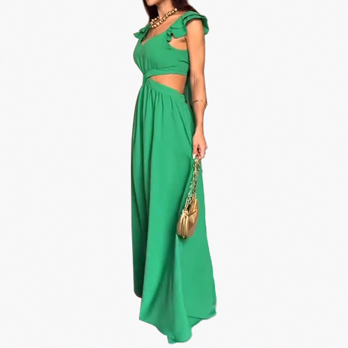 Waist Side and Back Cut Out Sexy Dresses Women Deep V-Neck Long Sleeves Lightweight Flowy Flower Dress