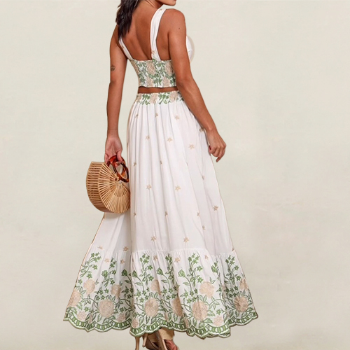 Europe and The United States Embroidery Printing Double Straps Backless Dress Set