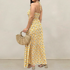 European and American Style Ins Fashion Neck Halter Dress Printed Chest Sleeveless Pullover Backless Dress