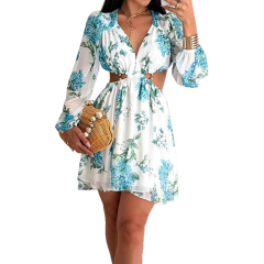 Waist Side and Back Cut Out Sexy Dresses Women Deep V-Neck Long Sleeves Lightweight Flowy Flower Dress
