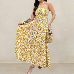 European and American Style Ins Fashion Neck Halter Dress Printed Chest Sleeveless Pullover Backless Dress