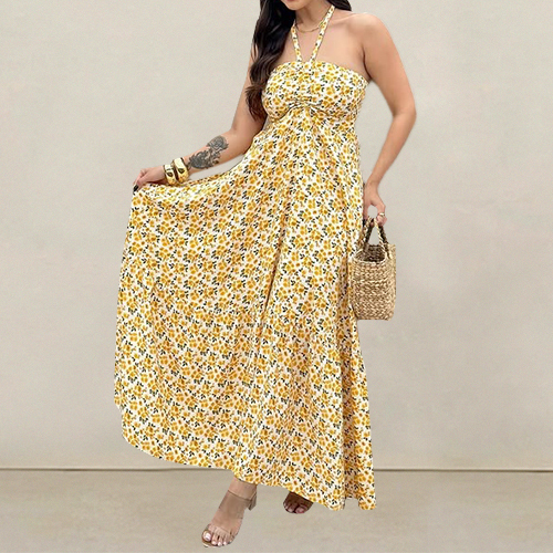 European and American Style Ins Fashion Neck Halter Dress Printed Chest Sleeveless Pullover Backless Dress