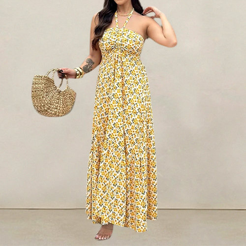 European and American Style Ins Fashion Neck Halter Dress Printed Chest Sleeveless Pullover Backless Dress