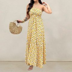 European and American Style Ins Fashion Neck Halter Dress Printed Chest Sleeveless Pullover Backless Dress