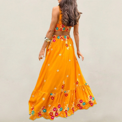 Europe and The United States Embroidery Printing Double Straps Backless Dress Set