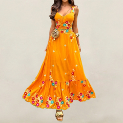 Europe and The United States Embroidery Printing Double Straps Backless Dress Set