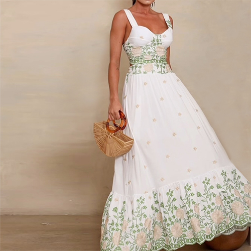 Europe and The United States Embroidery Printing Double Straps Backless Dress Set