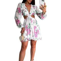 Waist Side and Back Cut Out Sexy Dresses Women Deep V-Neck Long Sleeves Lightweight Flowy Flower Dress