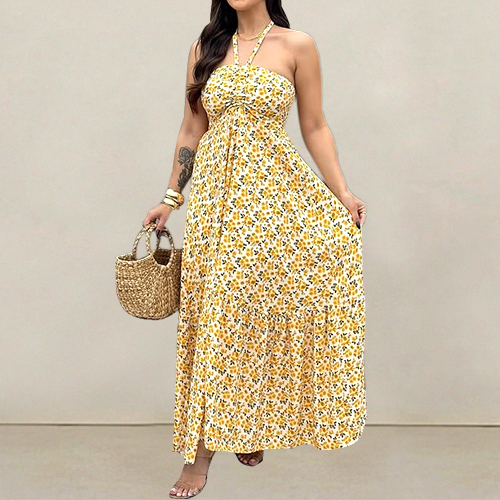 European and American Style Ins Fashion Neck Halter Dress Printed Chest Sleeveless Pullover Backless Dress