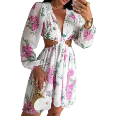 Waist Side and Back Cut Out Sexy Dresses Women Deep V-Neck Long Sleeves Lightweight Flowy Flower Dress