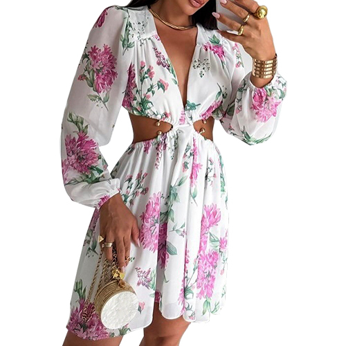 Waist Side and Back Cut Out Sexy Dresses Women Deep V-Neck Long Sleeves Lightweight Flowy Flower Dress