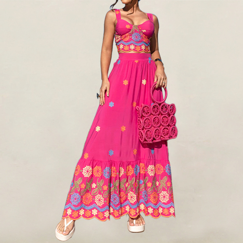 Europe and The United States Embroidery Printing Double Straps Backless Dress Set