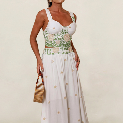 Europe and The United States Embroidery Printing Double Straps Backless Dress Set