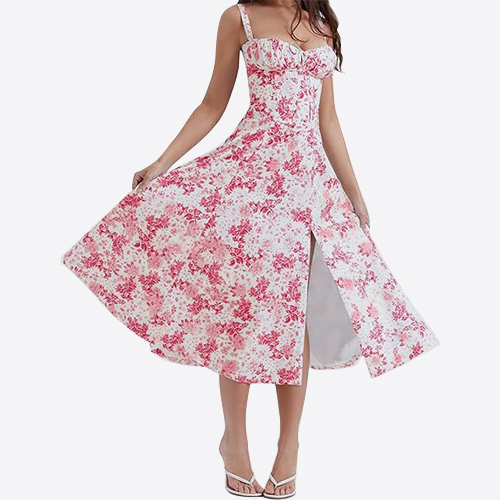 Women's Print Bustier Sundress, Floral Sexy Slit Long Corset Dress for Women Summer Beach Strap Sundress