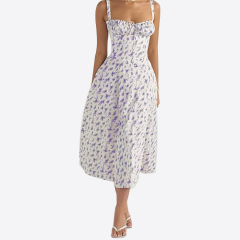 Women's Print Bustier Sundress, Floral Sexy Slit Long Corset Dress for Women Summer Beach Strap Sundress