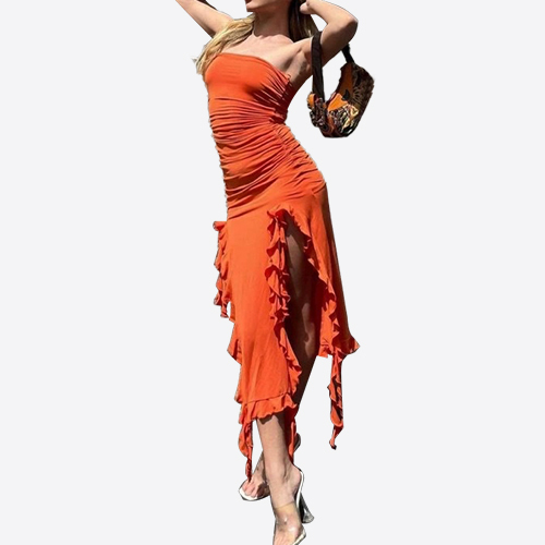 Summer off Shoulder Solid Color Irregular Dresses Women Casual Sexy Ruffle Dress Long