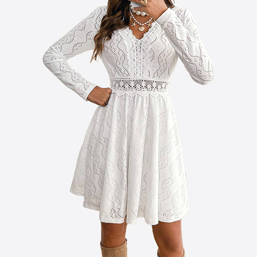 2025 Elegant Women's Solid Color Lace Patchwork Mini Holiday Dress Scallop Edge Sundress
