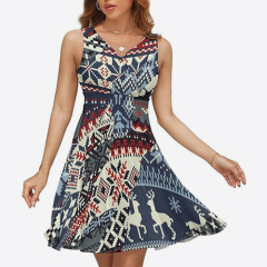 Women's Sleeveless V-Neck Dress Pattern Patchwork Summer Fashion Dress Fashionable Sleeveless Dress