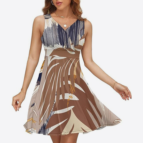 Women's Sleeveless V-Neck Dress Pattern Patchwork Summer Fashion Dress Fashionable Sleeveless Dress