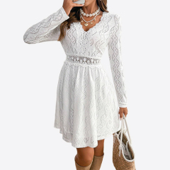 2025 Elegant Women's Solid Color Lace Patchwork Mini Holiday Dress Scallop Edge Sundress