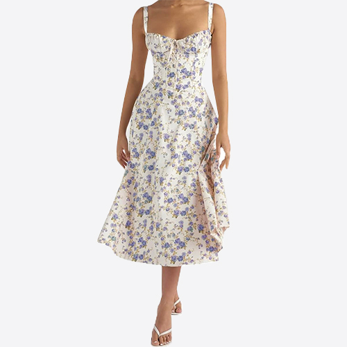 Women's Print Bustier Sundress, Floral Sexy Slit Long Corset Dress for Women Summer Beach Strap Sundress