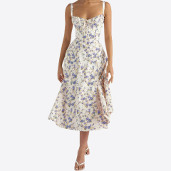 Women's Print Bustier Sundress, Floral Sexy Slit Long Corset Dress for Women Summer Beach Strap Sundress