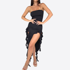 Summer off Shoulder Solid Color Irregular Dresses Women Casual Sexy Ruffle Dress Long